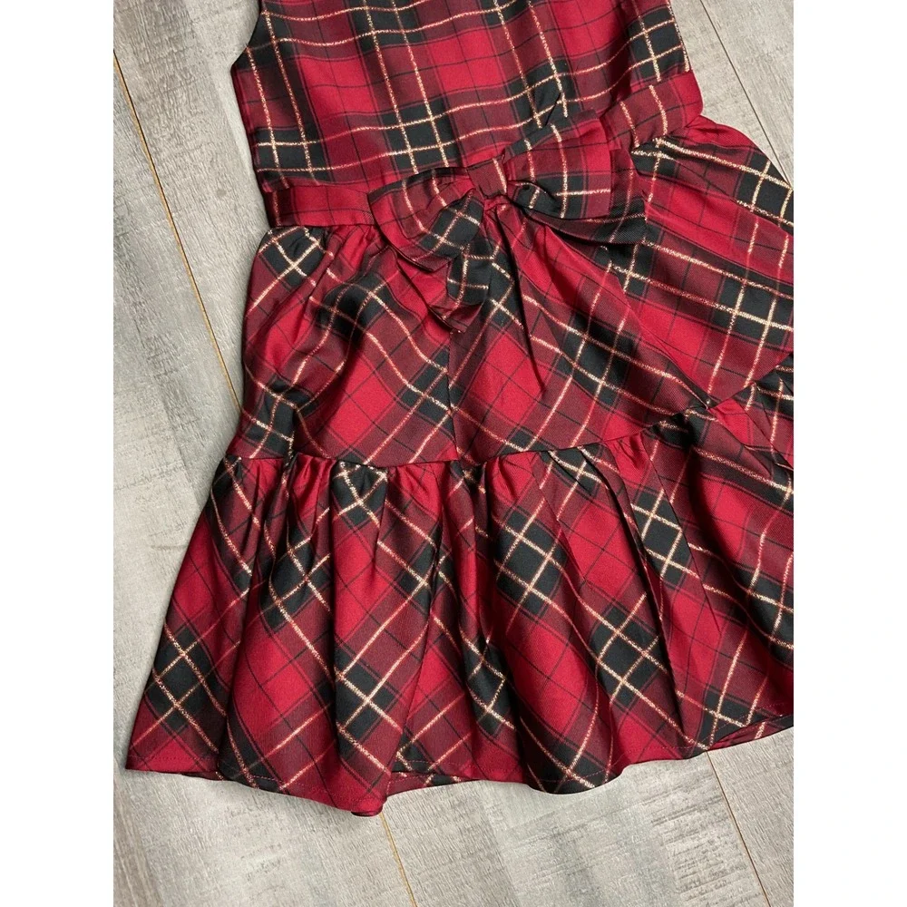 Childrens Place Girls Red Plaid Gold Metallic Holiday Party Dress Size 6 NWT